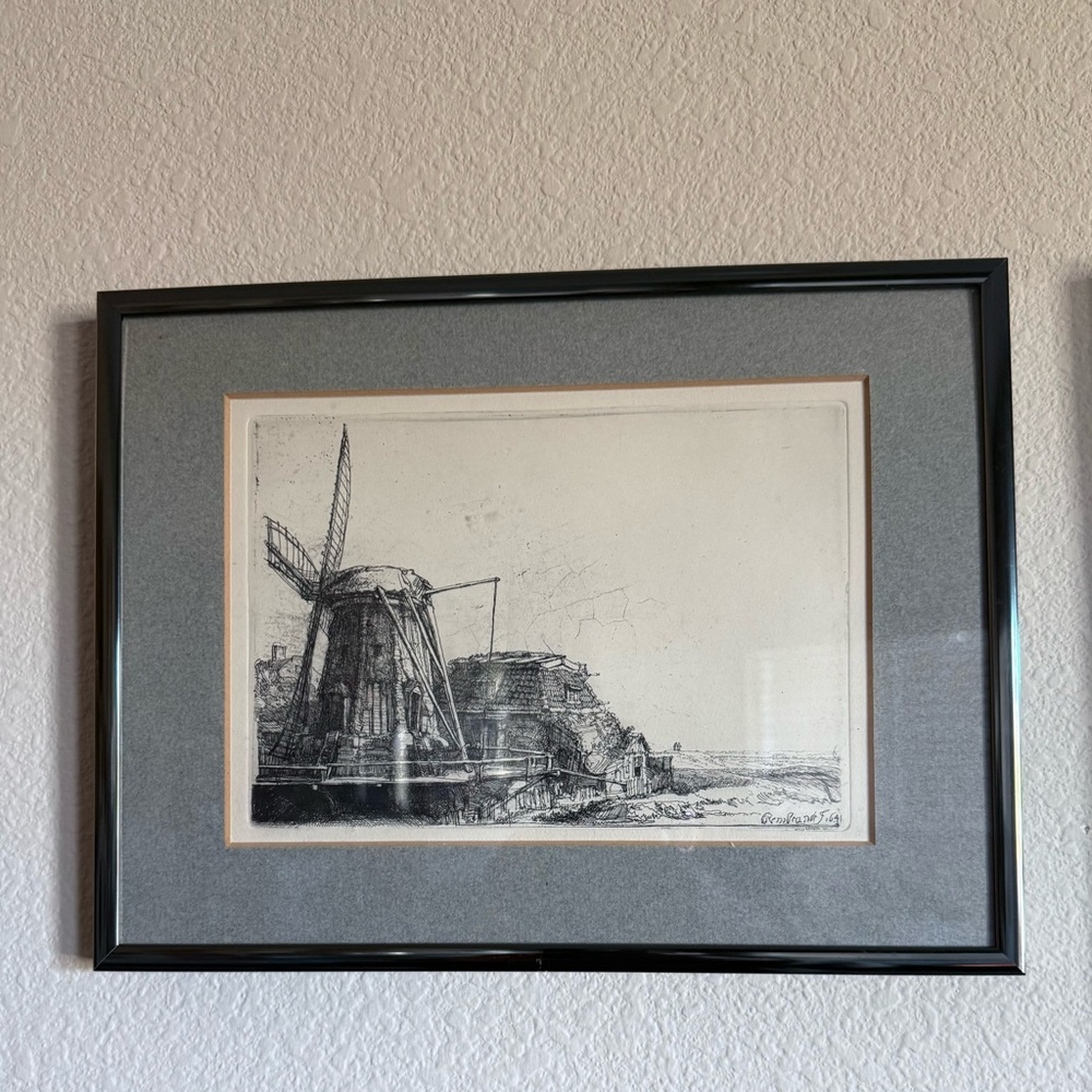 Framed Black and White Rembrandt Windmill Art Print